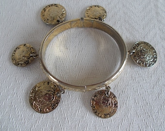 Vintage Whiting And Davis Gold Tone Dangling Faux Charm  Coins Hinged  Bracelet