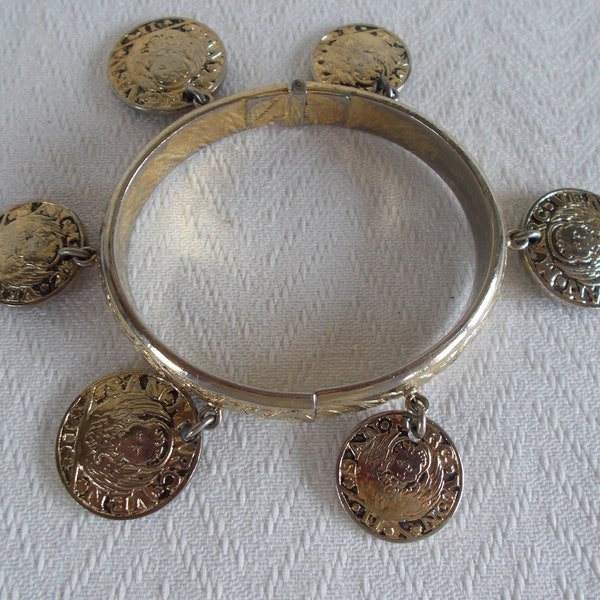 Vintage Whiting And Davis Gold Tone Dangling Faux Charm  Coins Hinged  Bracelet