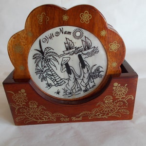 Vintage Wooden Seashell Inlay Viet Nam 6 Coasters In Holder