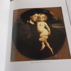 May include: A painting of a woman holding a young child. The woman is wearing a dark dress and the child is nude. The painting is set in a dark, shadowy room.