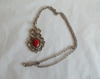 Vintage Silver Tone And Red Bead Necklace