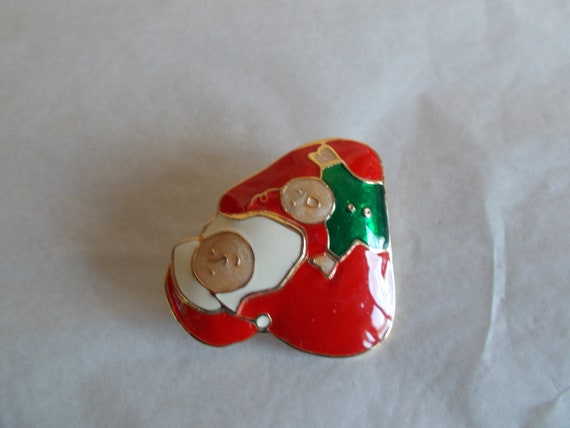 Vintage Metal Enamel Santa Holding Baby Brooch - image 2