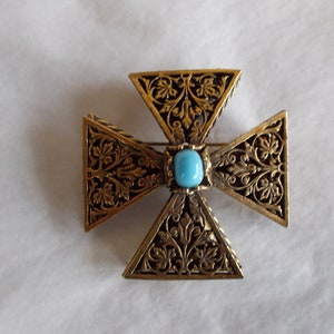 Vintage Signed Maltese Cross Turquoise  Blue Cabochon Brooch