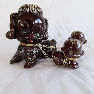 Vintage Brown Redware Poodle With Her Puppies On A Chain