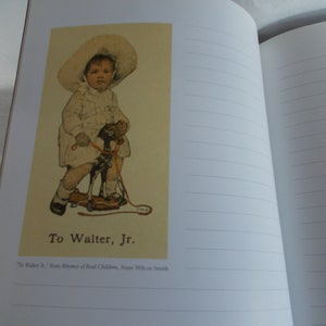 May include: A vintage illustration of a young child wearing a white hat and dress riding a rocking horse. The image is titled "To Walter, Jr." and is from the book "Rhymes of Real Children" by Jessie Willcox Smith.
