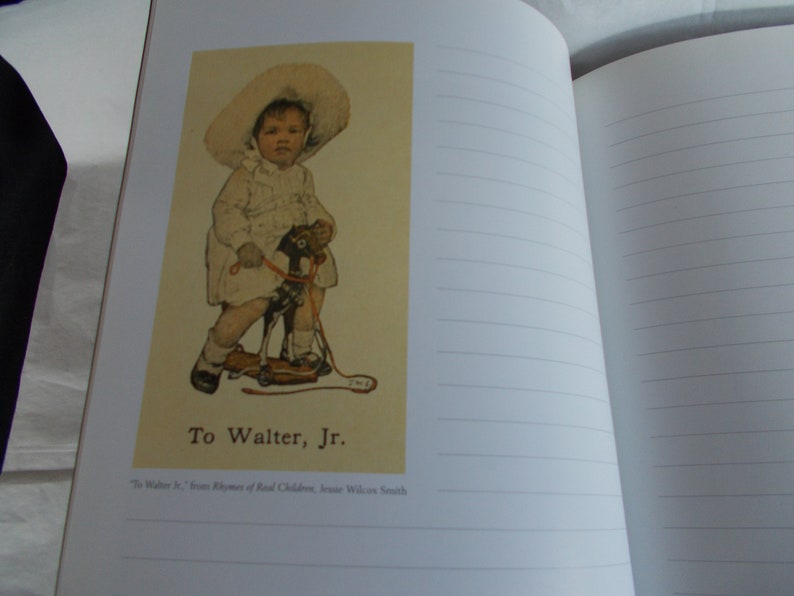 May include: A vintage illustration of a young child wearing a white hat and dress riding a rocking horse. The image is titled "To Walter, Jr." and is from the book "Rhymes of Real Children" by Jessie Willcox Smith.