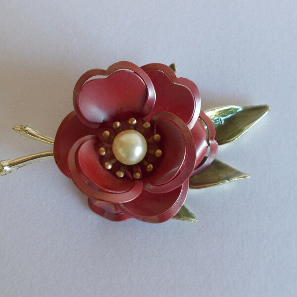 Vintage Dark Red Large Metal  Flower Brooch