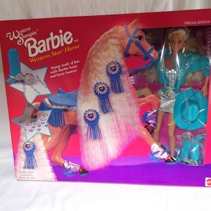 Vintage  1993 NRFB Western Stampin' Barbie With Western Star Horse