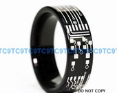 Top Quality TUNGSTEN Ring, 6MM Or 8MM CIRCUIT BOARD High Polish Black Pipe Cut Ring