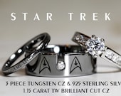 STAR TREK Tungsten and 925 Sterling Silver 1.15 Carat CZ Wedding Ring Set, 8mm Star Fleet Insignia All Custom Engraved
