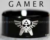 Legend Of Zelda Inspired 12MM Tungsten Gamer Wedding Ring, Black High Polish Beveled Ring, Free Inside Engraving