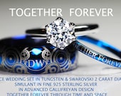 Doctor Who Inspired His 8mm Tungsten and Hers 2 Carat SWAROVSKI Diamond Simulant In 925 Sterling Silver Wedding Rings, All Custom Engraved
