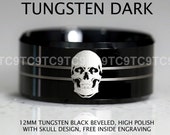 12MM, SKULLZ Free Engraving Tungsten Carbide Band 12mm High Polish Black Beveled SKULLZ Rocker Ring Design Ring