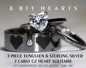 Legend Of Zelda 8 Bit Hearts- Tungsten With CZ and 925 Sterling Silver 1.3 Carat TW CZ Heart Wedding Rings, 8mm Men's ring All Engraved