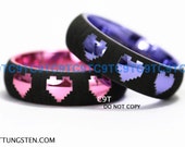 Tungsten Wedding Ring 6MM Dome Legend of Zelda Inspired 8-Bit Heart Design, Pink Or Sunset Purple