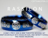 Tungsten Wedding Set 6MM & 8MM In Deep Ocean Blue With " Seal of Rassilon " And Infinity Scroll Design Free Inside Engraving