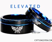 10MM & 6MM Tungsten Wedding Set, Legend Of Zelda Inspired, Brushed Black With Deep Ocean Blue Infinity Groove, Free Inside Engraving