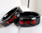 6MM And 8MM Ruby Red Chrome 8 Bit Hearts Plus 2MM Band, Tungsten Wedding Set, Free Inside Engraving