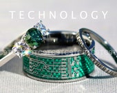 CIRCUIT BOARD - Modern 3 Piece Men's 10MM Tungsten & Woman's Rhodium Plated 925 Sterling Silver 3 Stone CZ Ring With 2MM Band