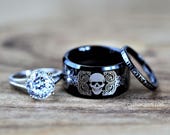 Black Tungsten Wedding Rings And Sterling Silver 3 Carat Solitaire - ROCKER BIKER SKULL 3 Piece Set Custom Engraved