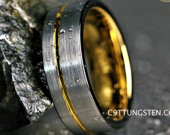 8MM Mens Brushed Silver Tungsten With 18K Gold Groove & Interior For Weddings, Engagement, Promise Ring, Custom Laser Engraved Inside