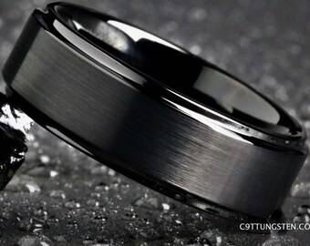8MM Mens Satin Black Tungsten With Stepped Edges For Weddings, Engagement, Anniversary Ring, Custom Laser Engraved Inside