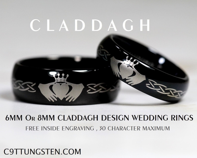 Tungsten 6MM or 8MM Black Dome Claddagh Design With FREE Inside Engraving