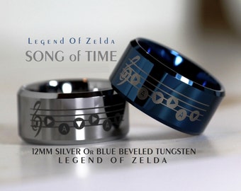 12MM Tungsten Ring Legend of Zelda Song Of Time Deep Ocean Blue Or Silver