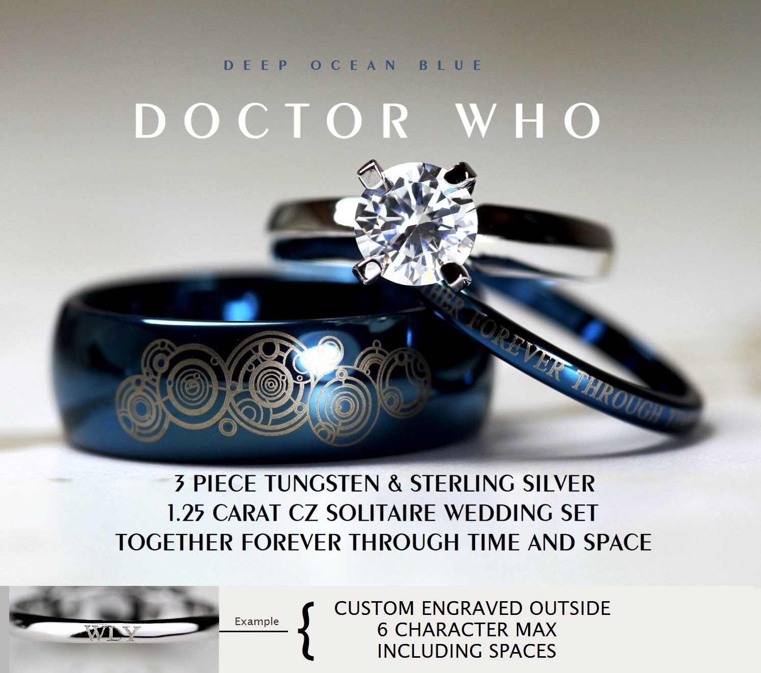BLUE Doctor Who His 8mm Tungsten And Hers 4mm 925 Sterling Etsy