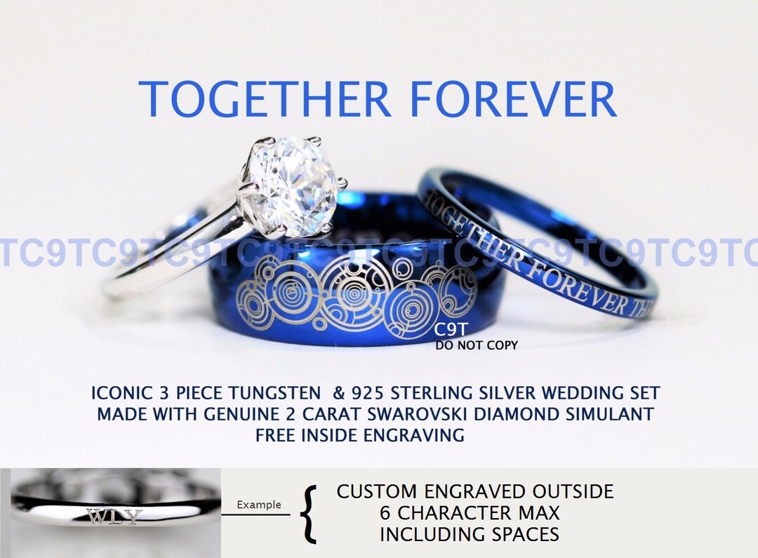 BLUE 8mm Tungsten and Hers 3mm 925 Sterling Silver 2 Carat - Etsy