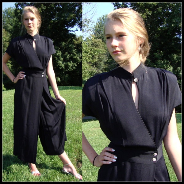 Vintage black palazzo pants evening dress, gaucho pants dress, 1980s,  size Medium