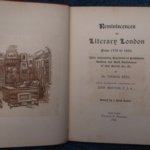 May include: A vintage book cover with an illustration of a study with a desk, chair, and bookshelves. The title of the book is "Reminiscences of Literary London from 1779 to 1853."