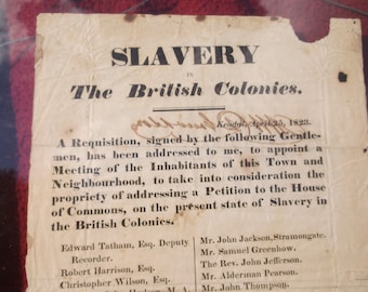 REDUCED...Slavery in the British Colonies, 1823. Broadside Issued by William Pennington, Mayor, Kendal, England. American Slavery