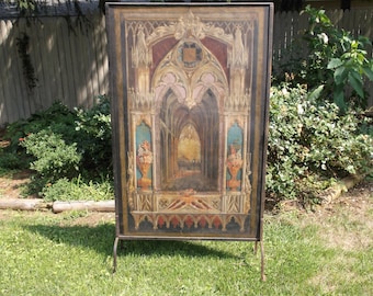 17th Century Antique Fire Screen with Hand painted Cathedral Scene
