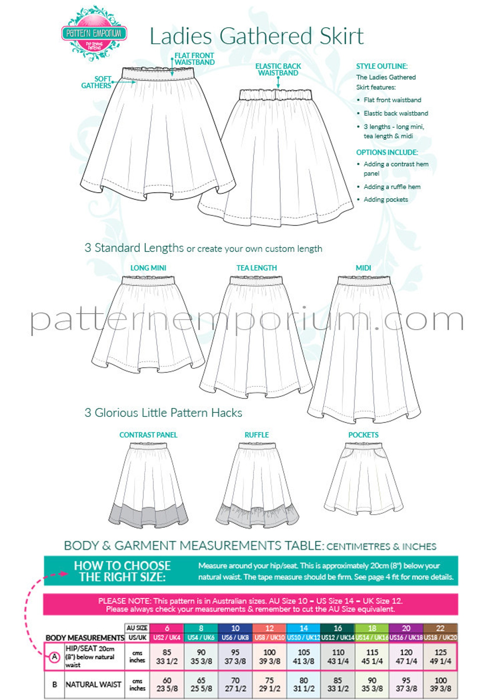 Ladies Gathered Skirt PATTERN PDF Sewing Pattern Instant Etsy