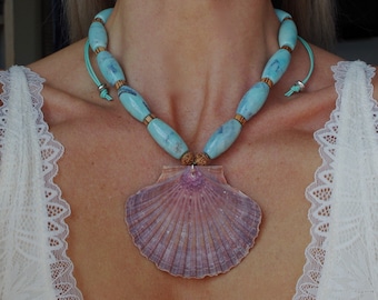 Bohemian Mermaid Flat Purple Pink Scallop Seashell Blue Barrel Dragon Skin Agate Gemstone Patikan Palmwood Saucer Seed Necklace & Bracelet