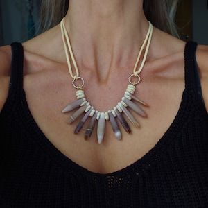 Free Spirit Burgundy Sea Urchin Spine Ruffled White Coconut Heishi Silver Rope Ring Beige Faux Leather Cord Adjustable Long Choker Necklace