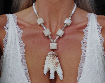 Beach Boho White Coral Piece Natural Fossil Coral Abalone Rice Gem White River Puka Mother of Pearl Antique Copper Lobster Claw Necklace