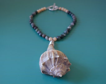 Lightning Whelk Seashell Emerald Green Jasper Gemstone Apricot Mother of Pearl Extra Large Silver Toggle Necklace