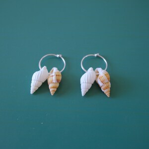White & Caramel Cerith Seashell Sterling Silver Flat Wire Hoop Earrings