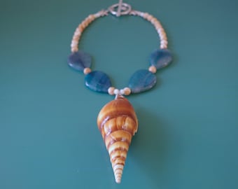 Caramel Tibia Unicorn Horn Seashell Sliced Teardrop Aqua Agate Gemstone Apricot Mother of Pearl Silver Starfish Charm Large Toggle Necklace