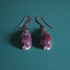 Violet Cowrie Seashell Antique Copper Hook Dangle Earrings
