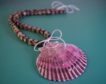 Ocean Boho Purple Pink Calico Pecten Scallop Seashell Brown Carved Cube Natural Seed Bead White Faux Leather Cord Bow Tie Necklace