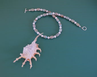 Scorpion Spider Conch Seashell Blue Dragon Skin Agate Barrel Gemstone Round White Natural Shell Bead Sterling Silver Rope Toggle Necklace