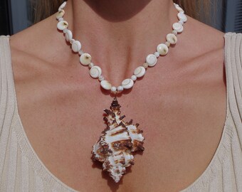 Beach Boho Murex Seashell Shiva Eye Disc Gemstone Round White Mother of Pearl Gem Antique Copper Lobster Claw Necklace