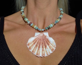 Beach Bunny Flat Scallop Seashell Rondelle & Round Matte Amazonite Gemstone Copper Heart Charm Necklace