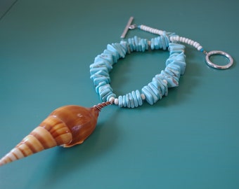 Caramel Tibia Unicorn Horn Seashell Large Sliced Turquoise Magnesite Gemstone White Turquoise Rondelle Extra Large Silver Toggle Necklace