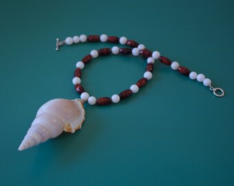 Unicorn Horn White Tibia Seashell Tiger's Eye Barrel Gemstone Round White Natural Shell Bead Silver Toggle Necklace