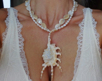 Beach Boho Scorpion Spider Conch Seashell Double Strand Apricot Mother of Pearl Teardrop Gemstone White Freshwater Pearl Necklace