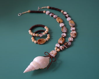 Beach Boho Tibia Unicorn Horn Seashell Sliced Fire Crackle Agate Gemstone Coconut Disc Mother of Pearl Faux Leather Bow Necklace & Bracelets